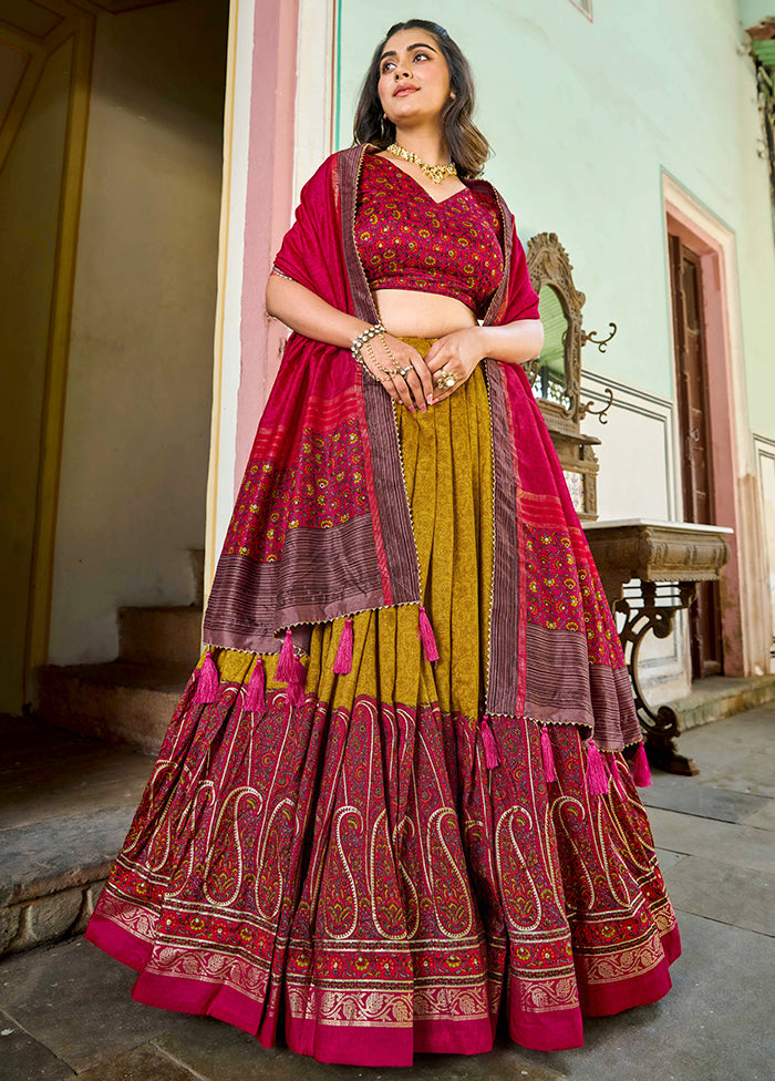 3 Pc Mustard Silk Semi Stitched Lehenga Set 100% Original Cheap Pice