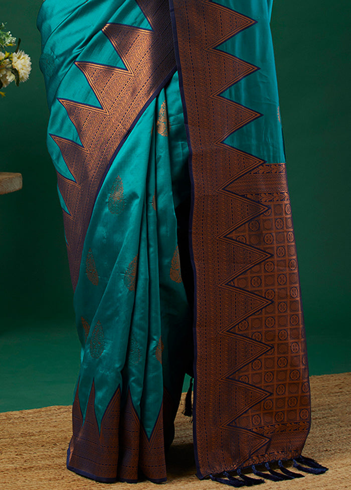 Aqua Banarasi Silk Saree With Blouse Piece With Mastercard