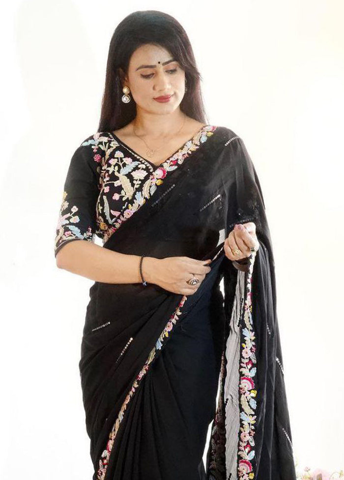 Black Spun Silk Saree With Blouse Piece Perfect