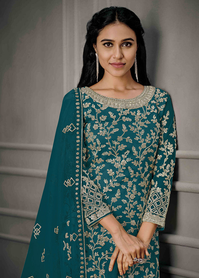 3 Pc Teal Semi Stitched Net Suit Set Cheapest Online