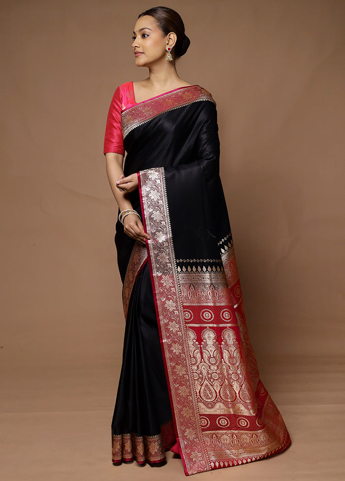 Black Banarasi Silk Saree With Blouse Piece Clearance Store For Sale