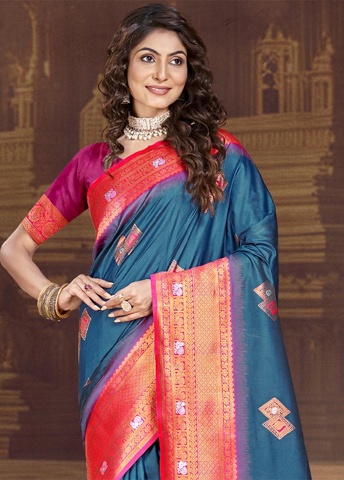 Blue Dupion Silk Saree With Blouse Piece Free Shipping Outlet