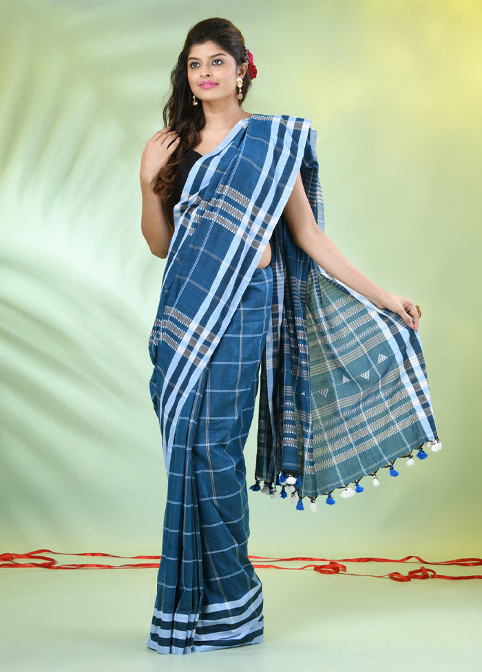 Blue Cotton Saree With Blouse Piece Sale Low Pice Fee Shipping