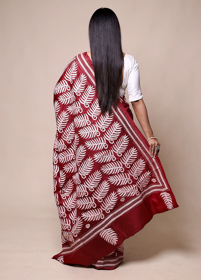 Red Handloom Kantha Stitch Pure Silk Saree With Blouse Piece Outlet New Arrival