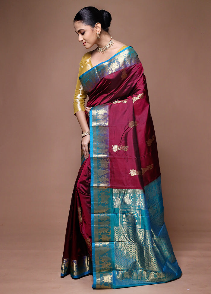 Maroon Handloom Kanjivaram Pure Silk Saree With Blouse Piece Clearance Clearance