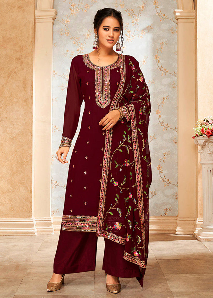 3 Pc Maroon Semi Stitched Georgette Suit Set Buy Cheap Free Shipping