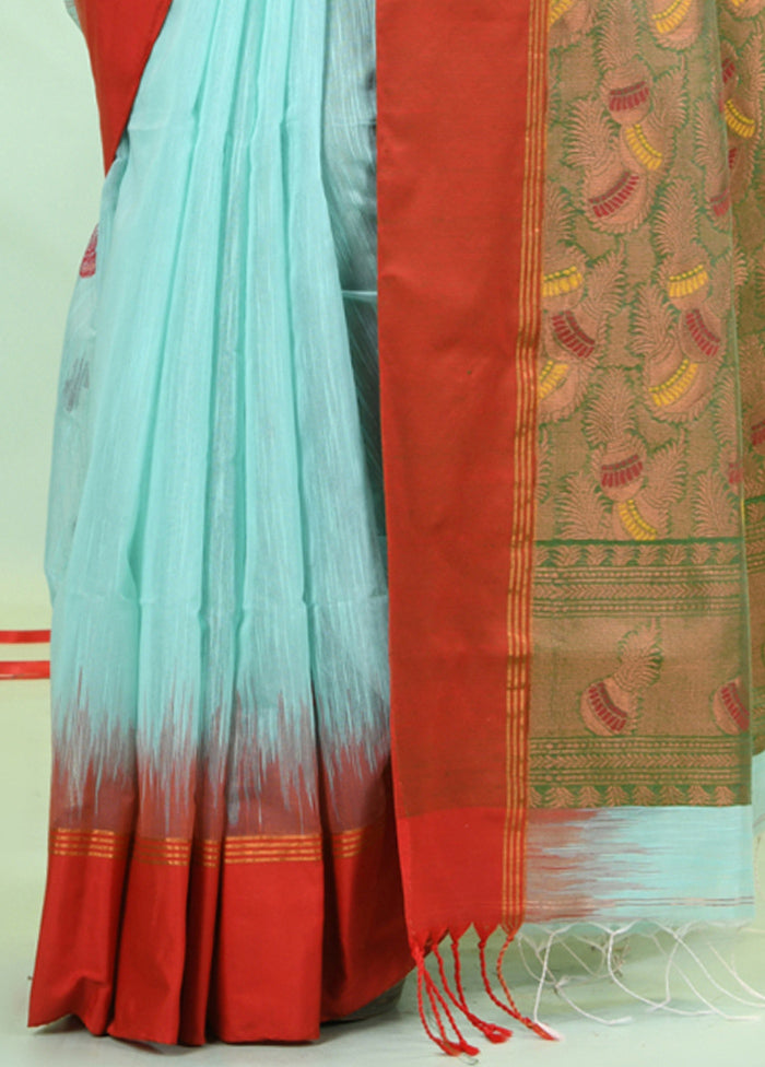 Sea Green Pure Cotton Saree With Blouse Piece With Paypal Sale Online