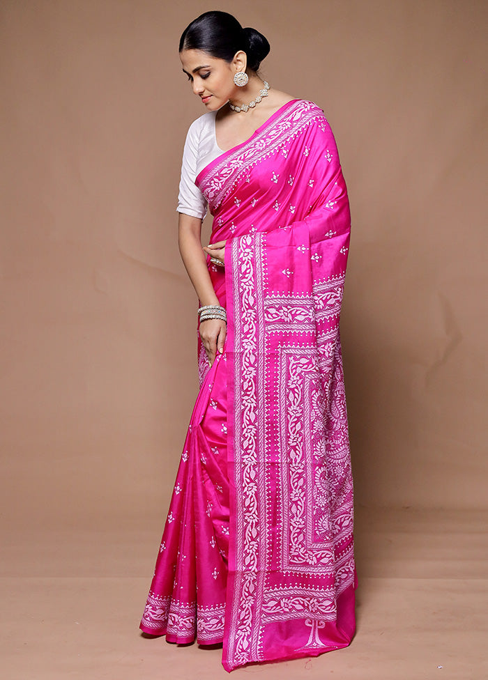 Pink Handloom Kantha Stitch Pure Silk Saree With Blouse Piece Quality Free Shipping Low Pice