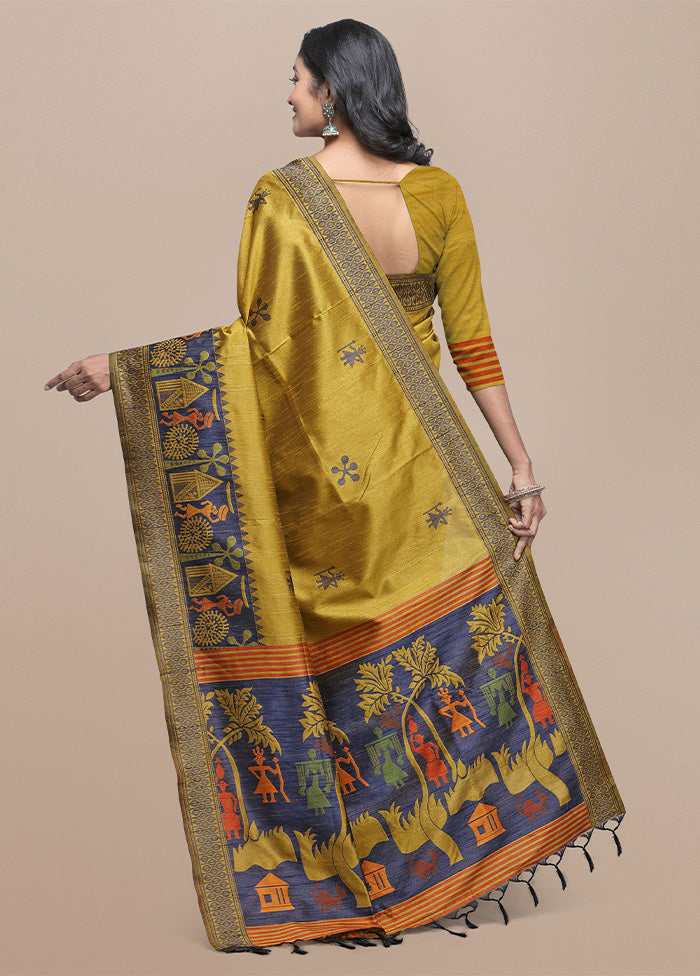 Yellow Spun Silk Saree With Blouse Piece Cheap Sale Low Pice