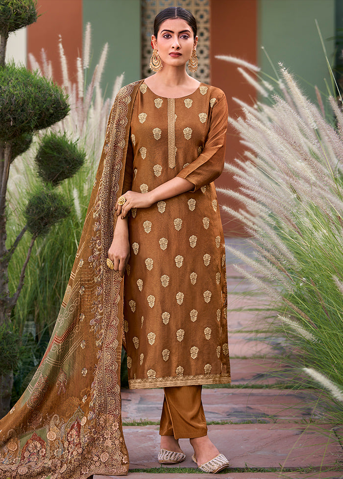 3 Pc Brown Unstitched Pure Silk Suit Set Hot Sale Online