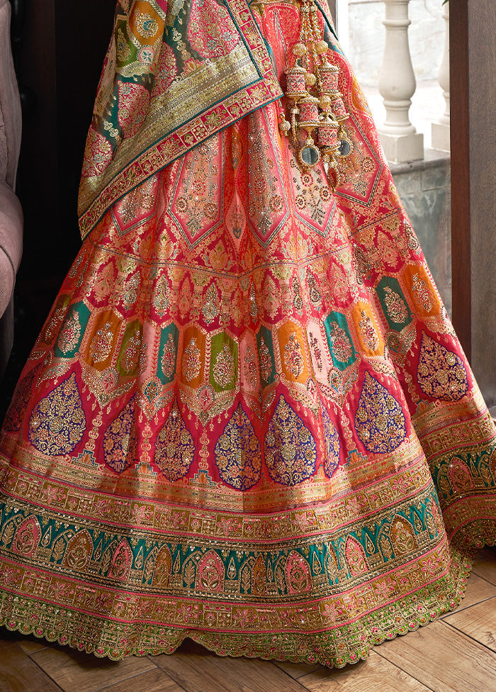 3 Pc Multicolor Silk Semi Stitched Lehenga Set Discount Big Sale