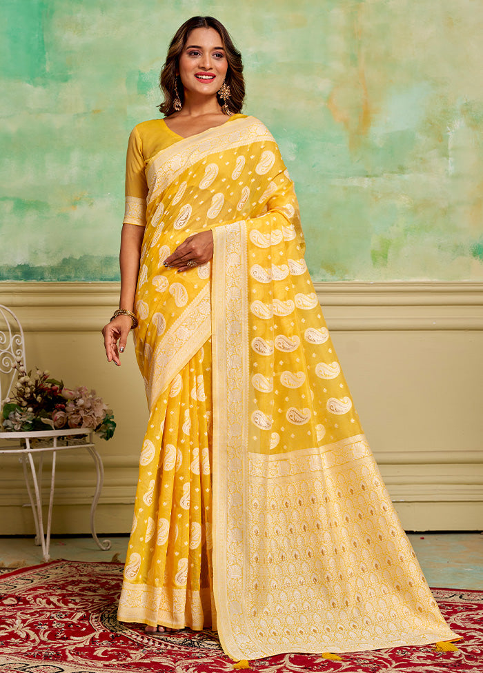 Yellow Cotton Saree With Blouse Piece Cheap High Quality