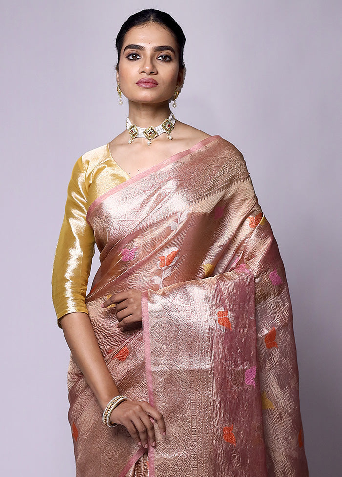 Peach Crushed Tissue Silk Saree With Blouse Piece Cheap Pice For Sale