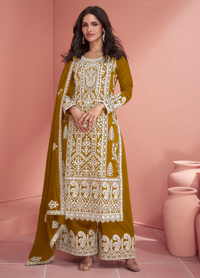 3 Pc Mustard Semi Stitched Georgette Suit Set Clearance Eastbay