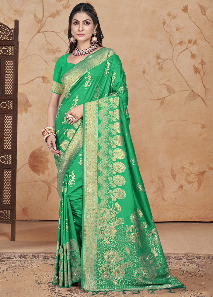 Green Spun Silk Saree With Blouse Piece Pre Order For Sale