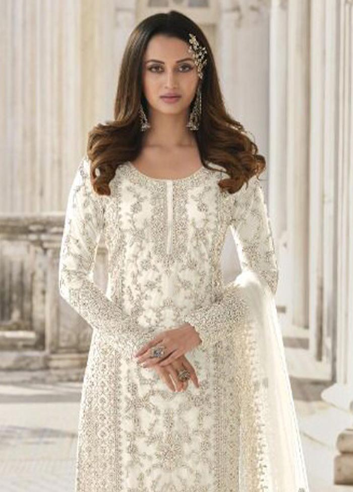 3 Pc White Semi Stitched Net Suit Set Cheap Fashionable