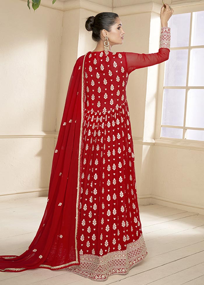 3 Pc Red Semi Stitched Georgette Suit Set Amazing Pice