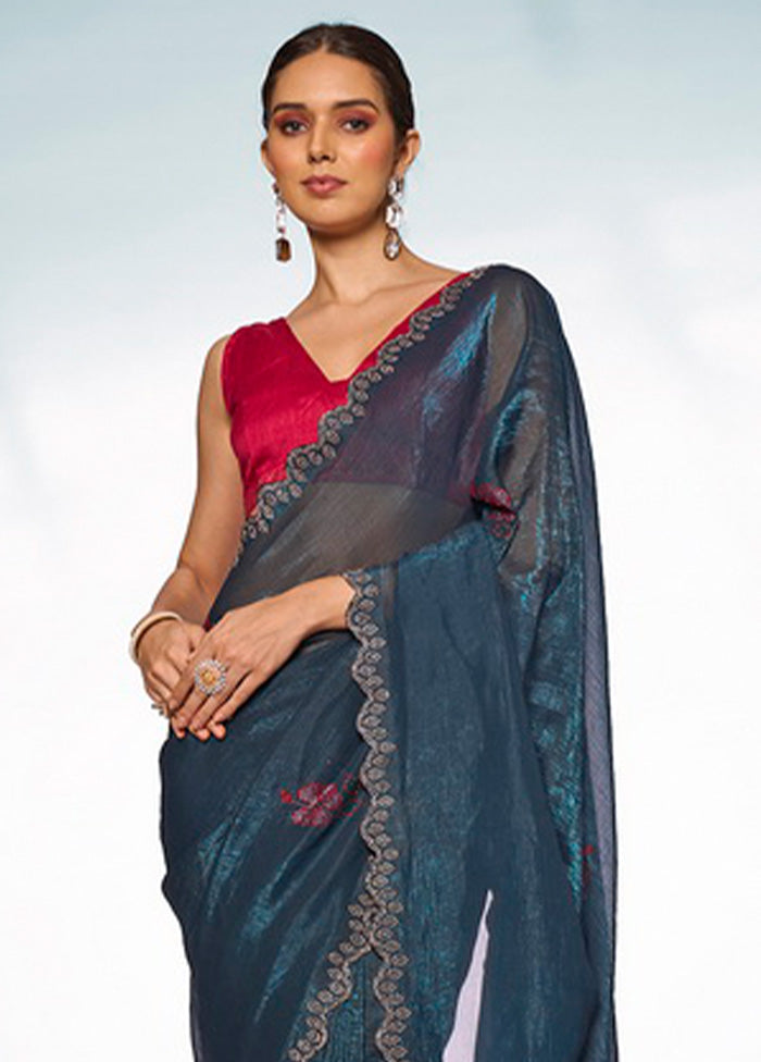 Teal Blue Organza Saree With Blouse Piece Sale Cost