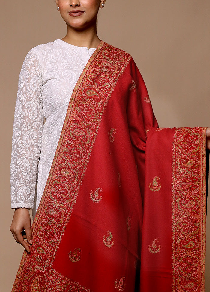 Red Butta Work With Zari Woven Border Shawl For Nice Online