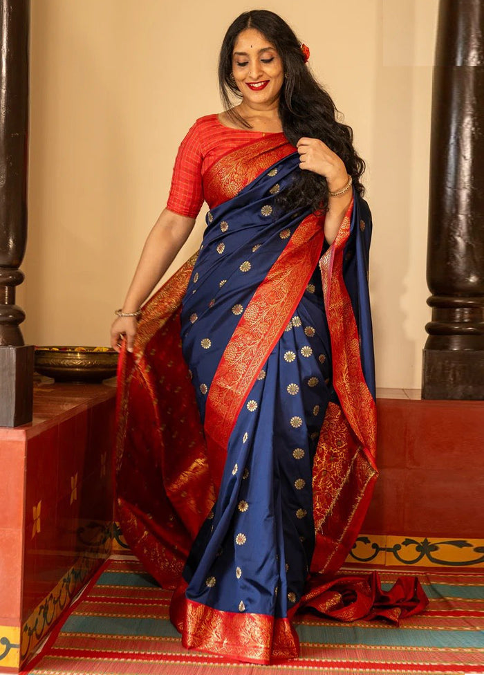 Navy Blue Banarasi Silk Saree With Blouse Piece Amazon Sale Online