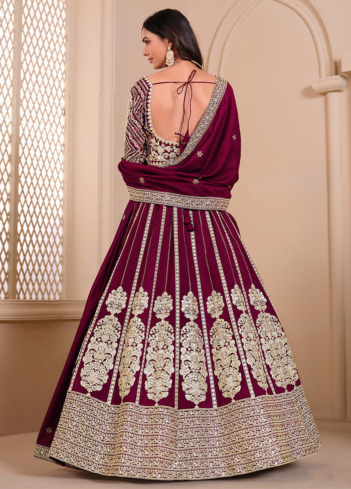 3 Pc Burgundy Silk Semi Stitched Lehenga Set Cheap Cost