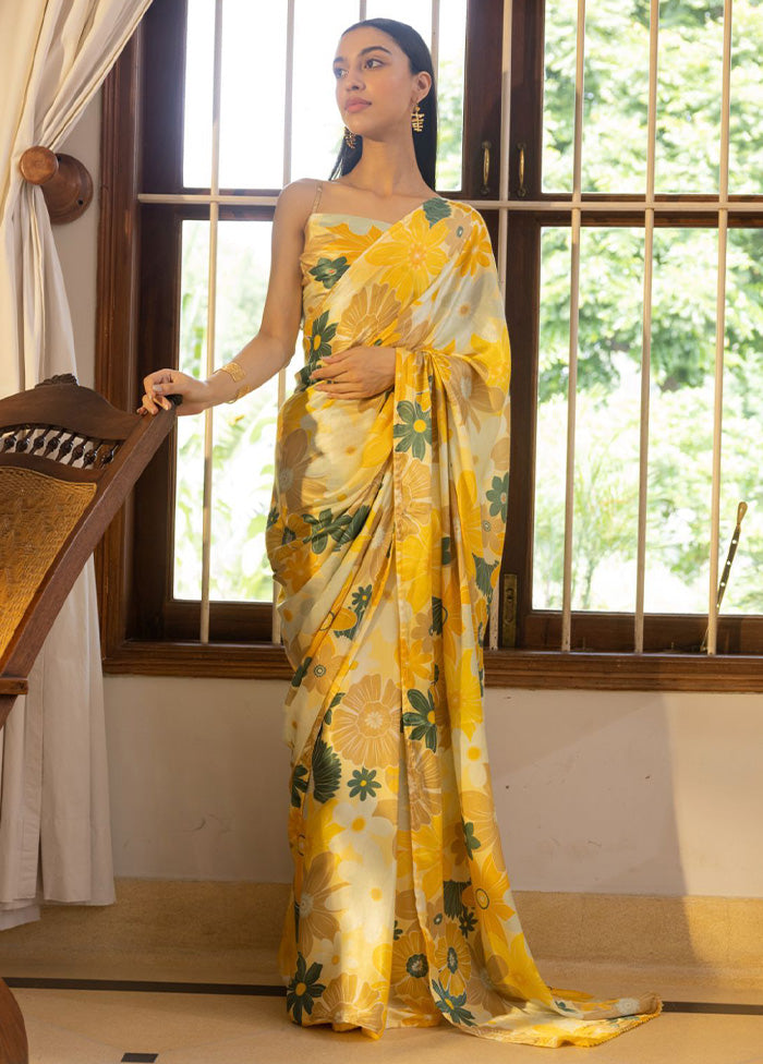 Yellow Satin Silk Saree With Blouse Piece Sale Enjoy