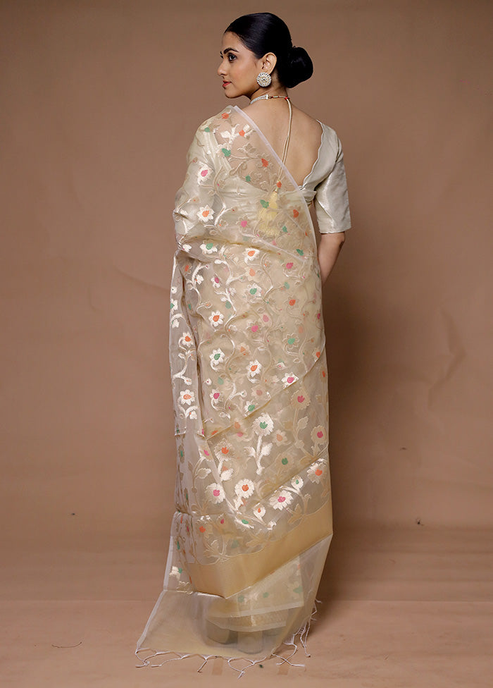 Cream Organza Saree With Blouse Piece Cheap Sale Collections