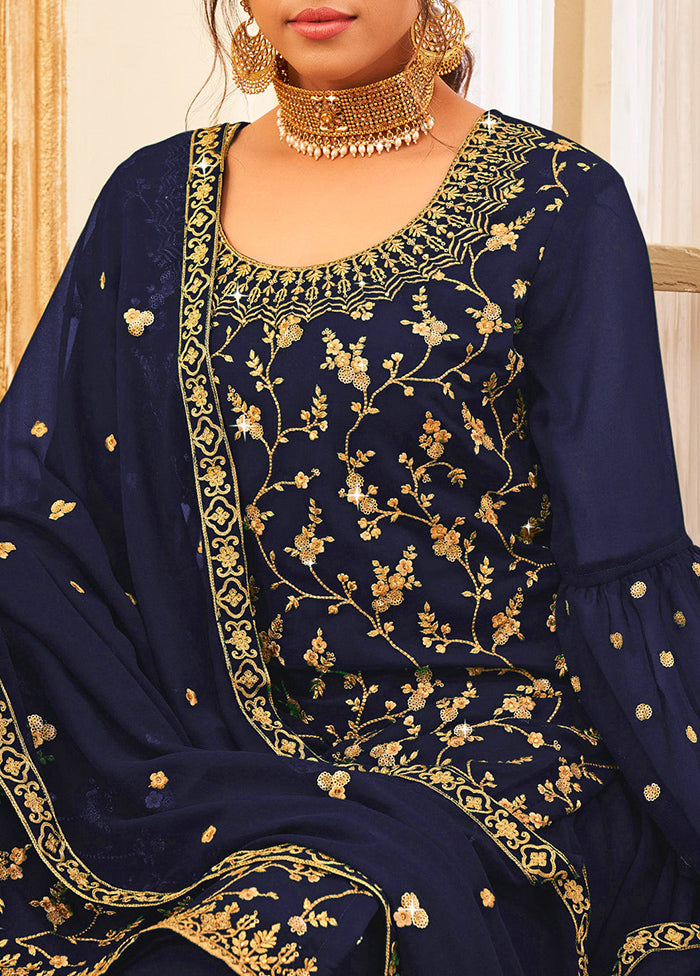 3 Pc Navy Blue Semi Stitched Georgette Suit Set Free Shipping