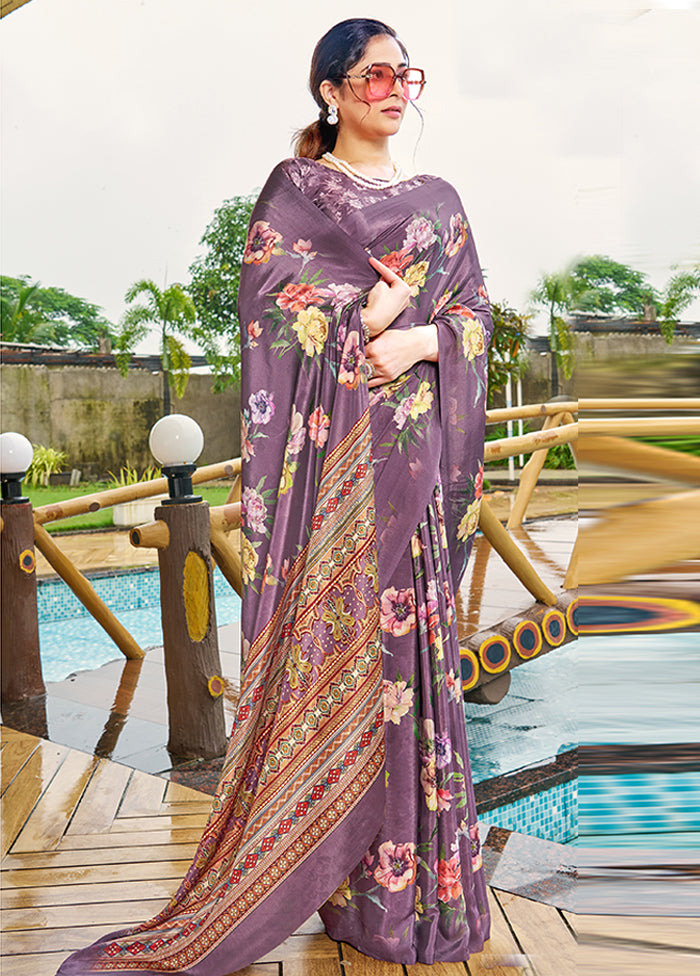 Wine Crepe Silk Saree With Blouse Piece Discount Exclusive