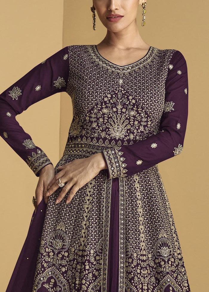 3 Pc Purple Semi Stitched Georgette Suit Set On Hot Sale