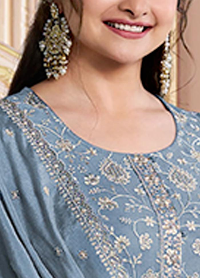 3 Pc Sky Blue Semi Stitched Silk Suit Set Online Online Cheap Online