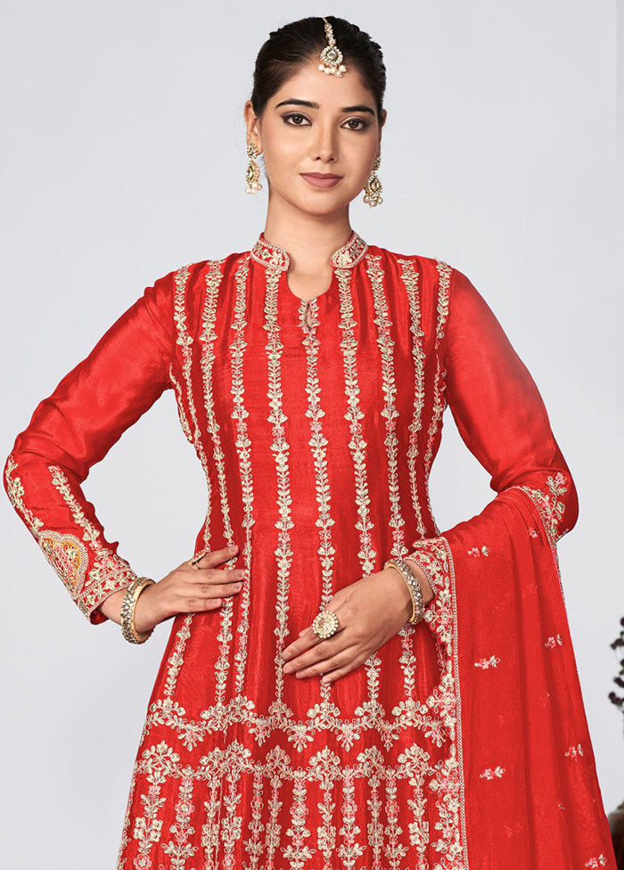 3 Pc Red Semi Stitched Silk Suit Set Sale Genuine