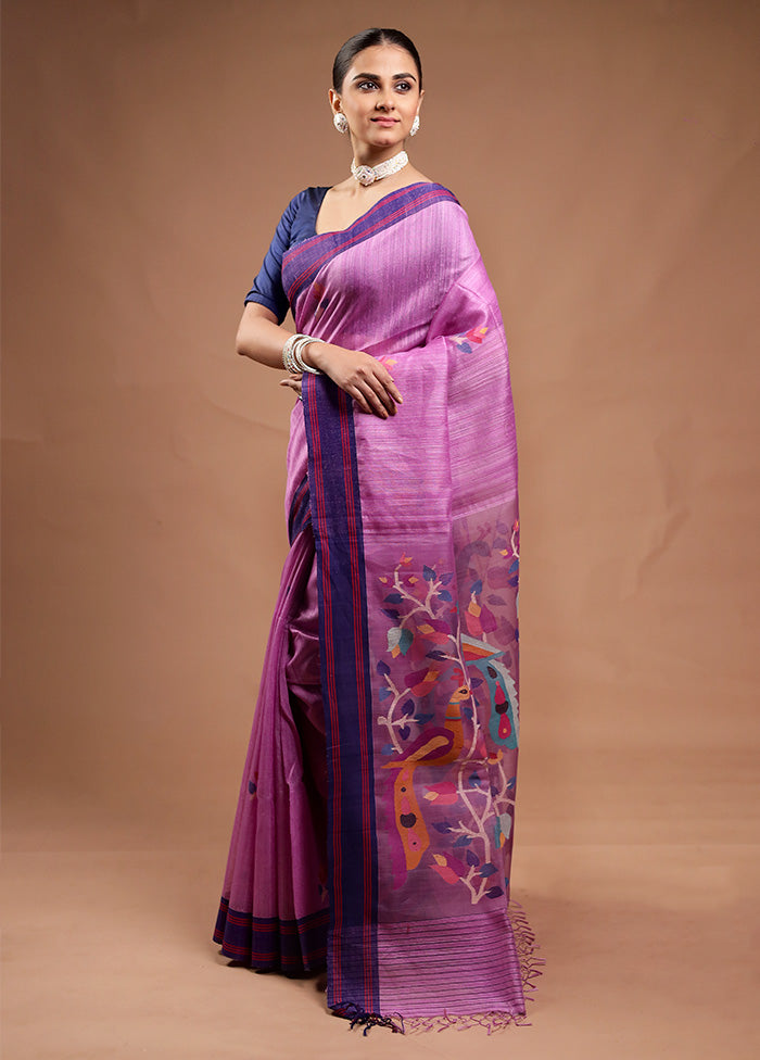 Purple Handloom Tussar Pure Silk Saree With Blouse Piece Fashionable For Sale