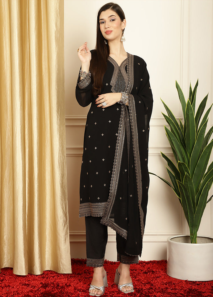 3 Pc Black Readymade Georgette Dupatta Suit Set Discount From China