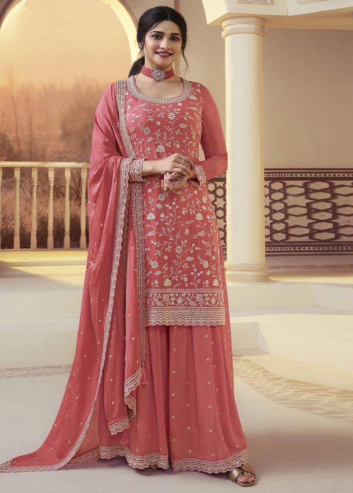 3 Pc Dark Peach Semi Stitched Silk Suit Set Deals Online