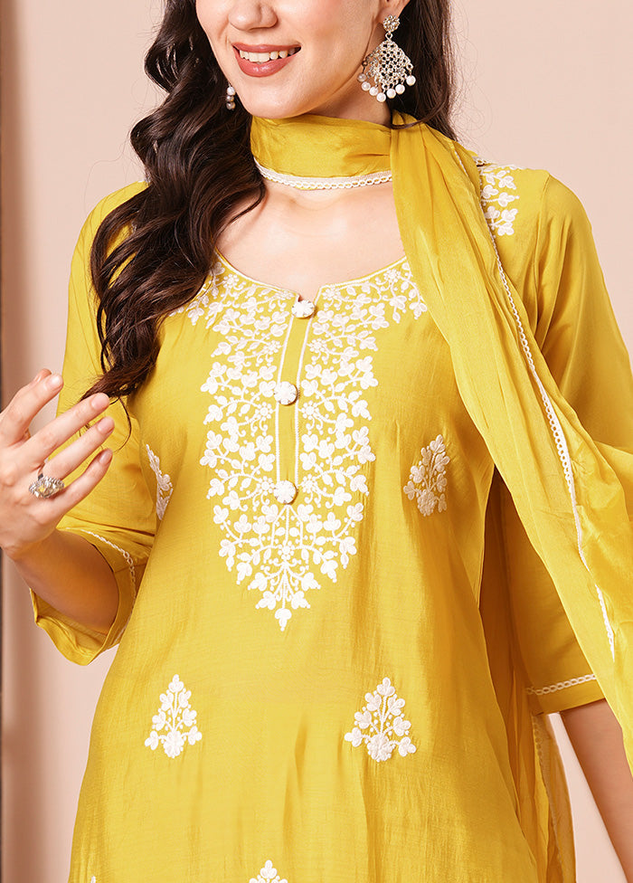 3 Pc Yellow Readymade Viscose Dupatta Suit Set Tumblr