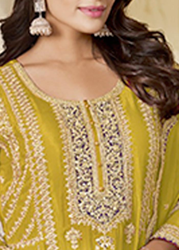 3 Pc Yellow Semi Stitched Silk Suit Set Clearance Perfect