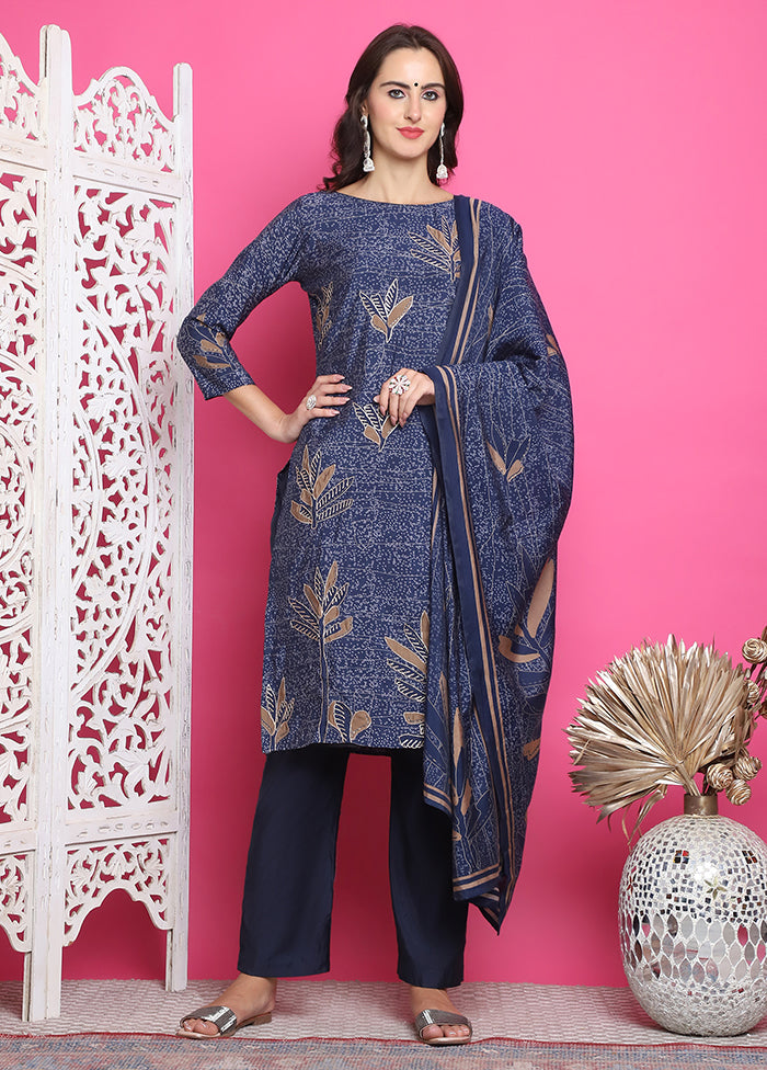 3 Pc Blue Semi Stitched Silk Suit Set Cheap Low Shipping