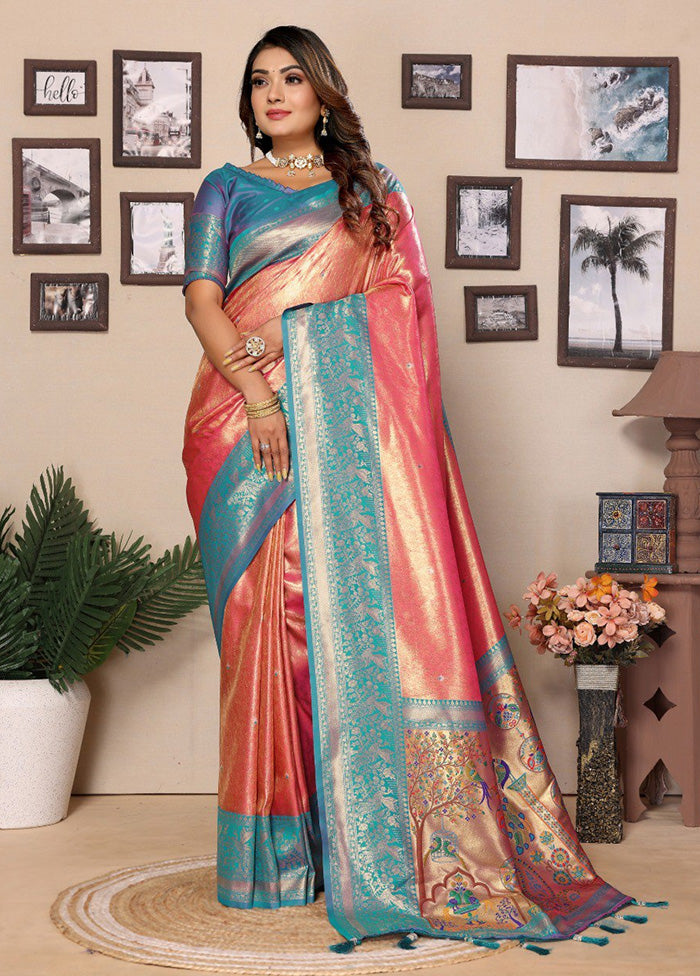 Dark Peach Banarasi Silk Saree With Blouse Piece Discount Hot Sale