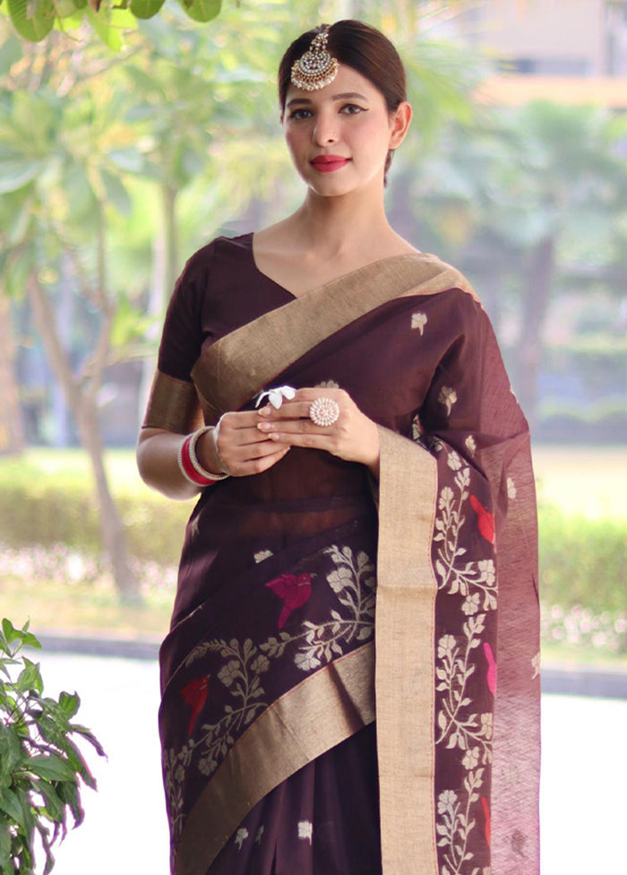 Coffee Linen Silk Saree With Blouse Piece Free Shipping For Sale