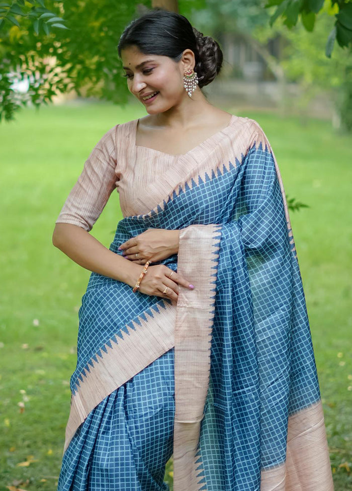 Blue Tussar Silk Saree With Blouse Piece Clearance 2025