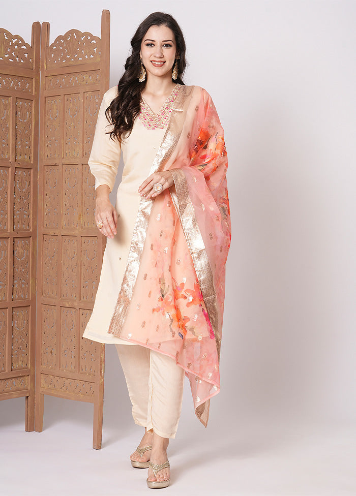 3 Pc Peach Readymade Chanderi Dupatta Suit Set Cheap View