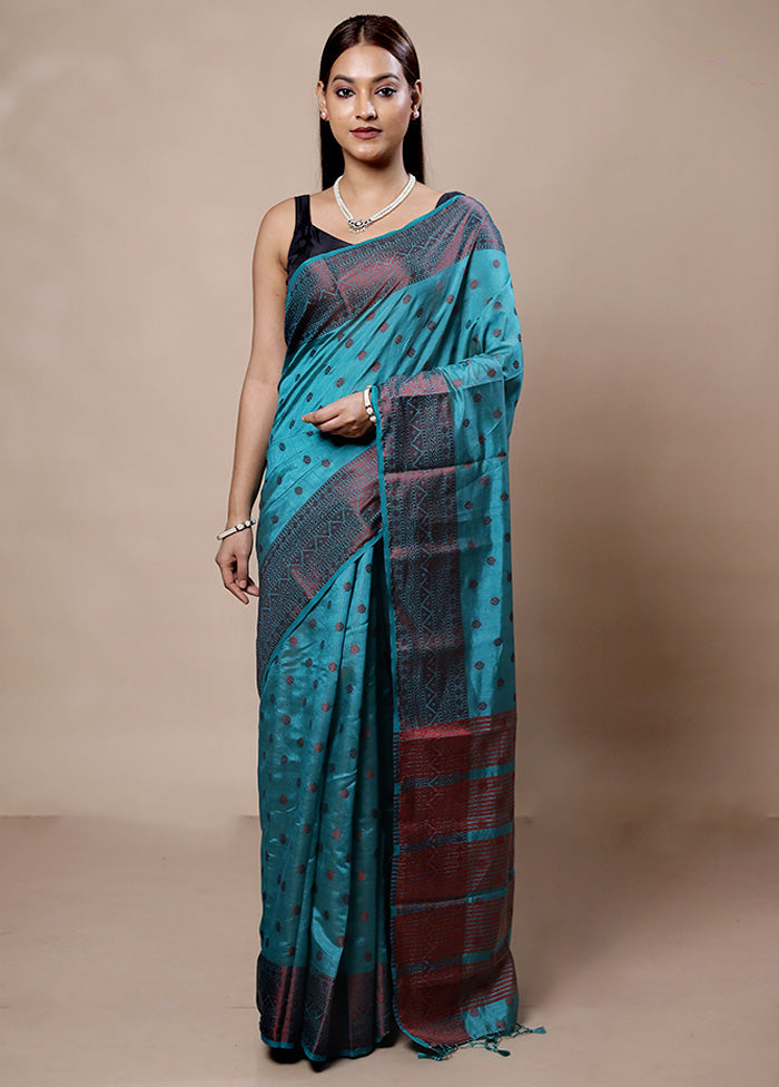 Blue Dupion Silk Saree With Blouse Piece Free Shipping Big Sale