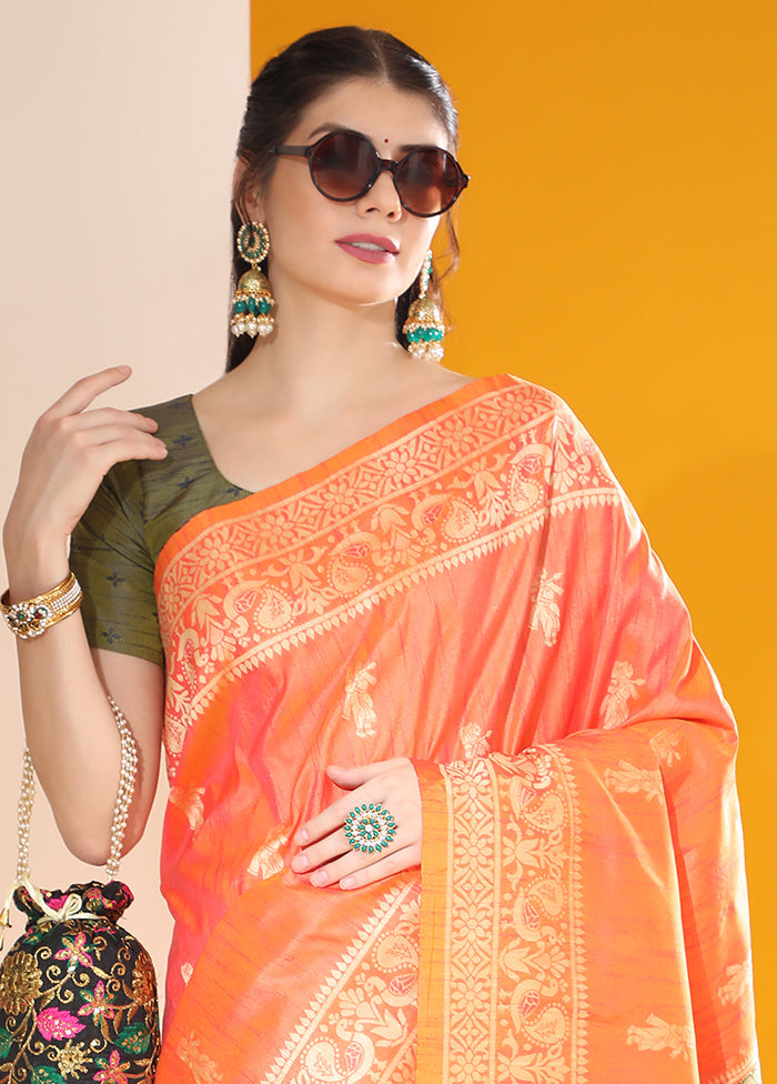 Orange Spun Silk Saree With Blouse Piece Buy Cheap Pices