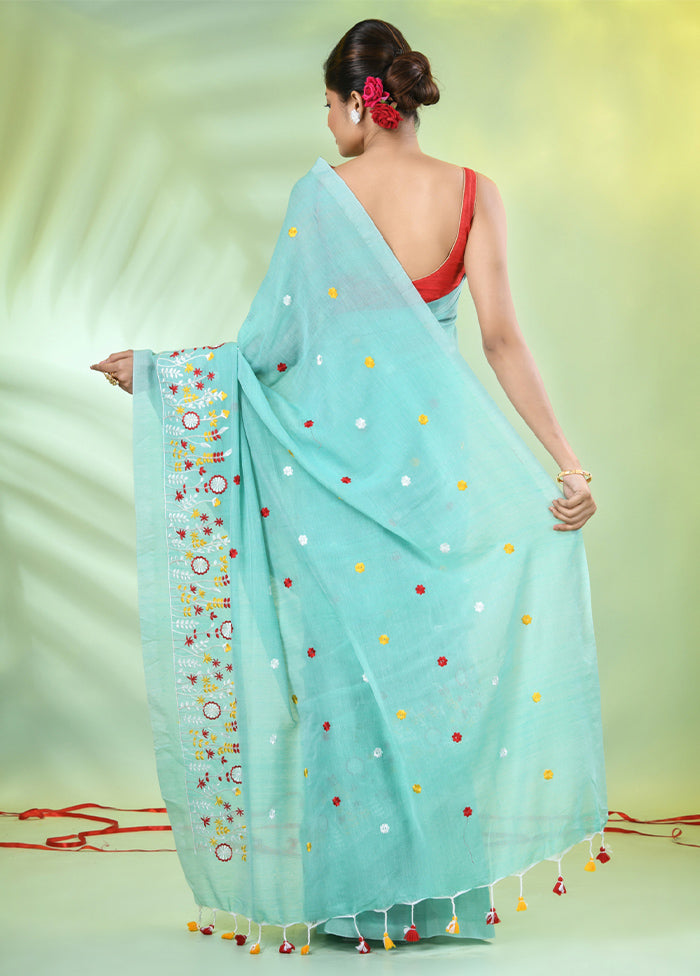 Sea Green Cotton Saree With Blouse Piece Clearance Discounts