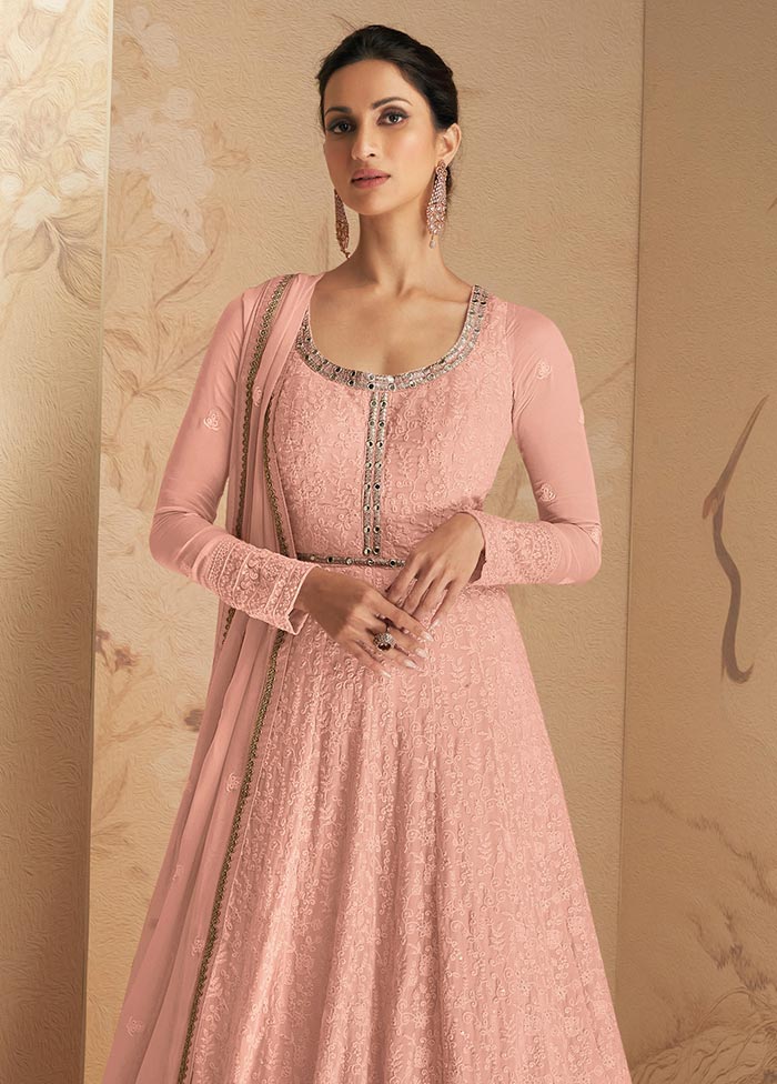 3 Pc Peach Semi Stitched Georgette Suit Set Discount Get To Buy