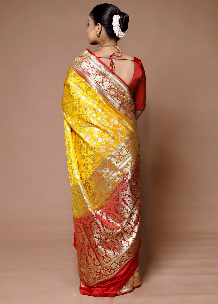 Yellow Handloom Banarasi Pure Silk Saree With Blouse Piece Sale New Styles