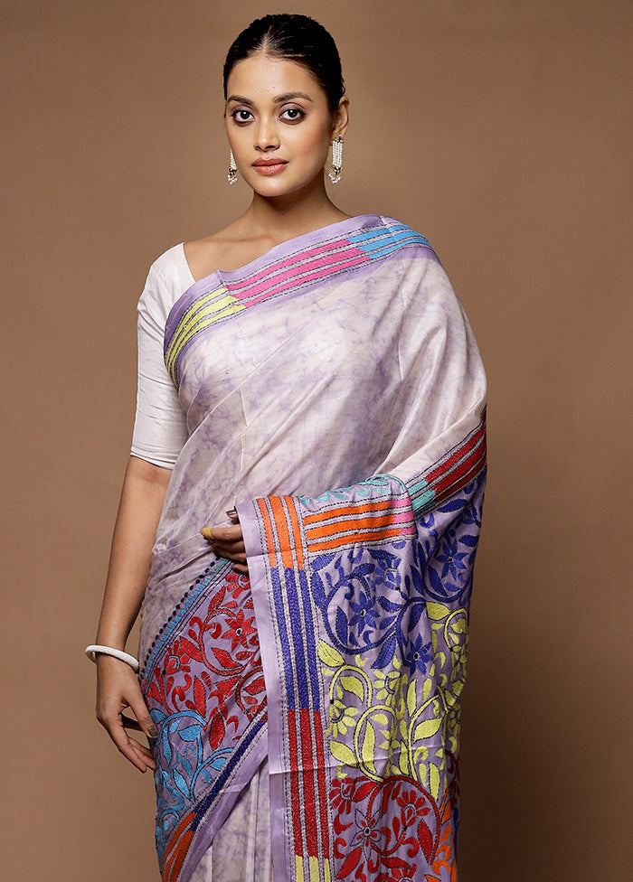 Grey Kantha Stitch Silk Saree With Blouse Piece Buy Cheap Wholesale Pice