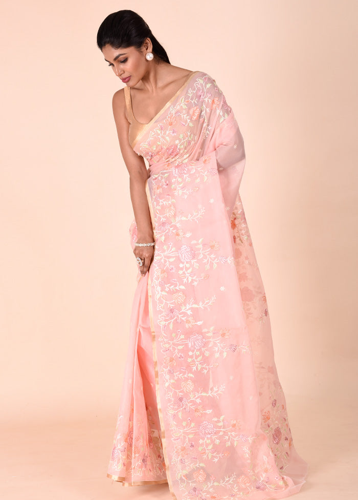 Baby Pink Organza Saree With Blouse Piece Discount Cheap Online