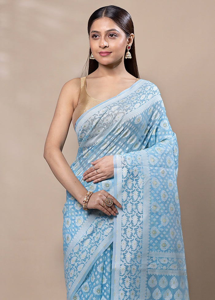 Sky Blue Kora Silk Saree With Blouse Piece Shop For Cheap Online